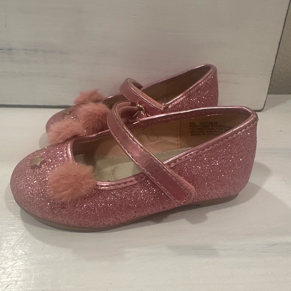 Glittery Pink Kids Shoes with Pom Poms